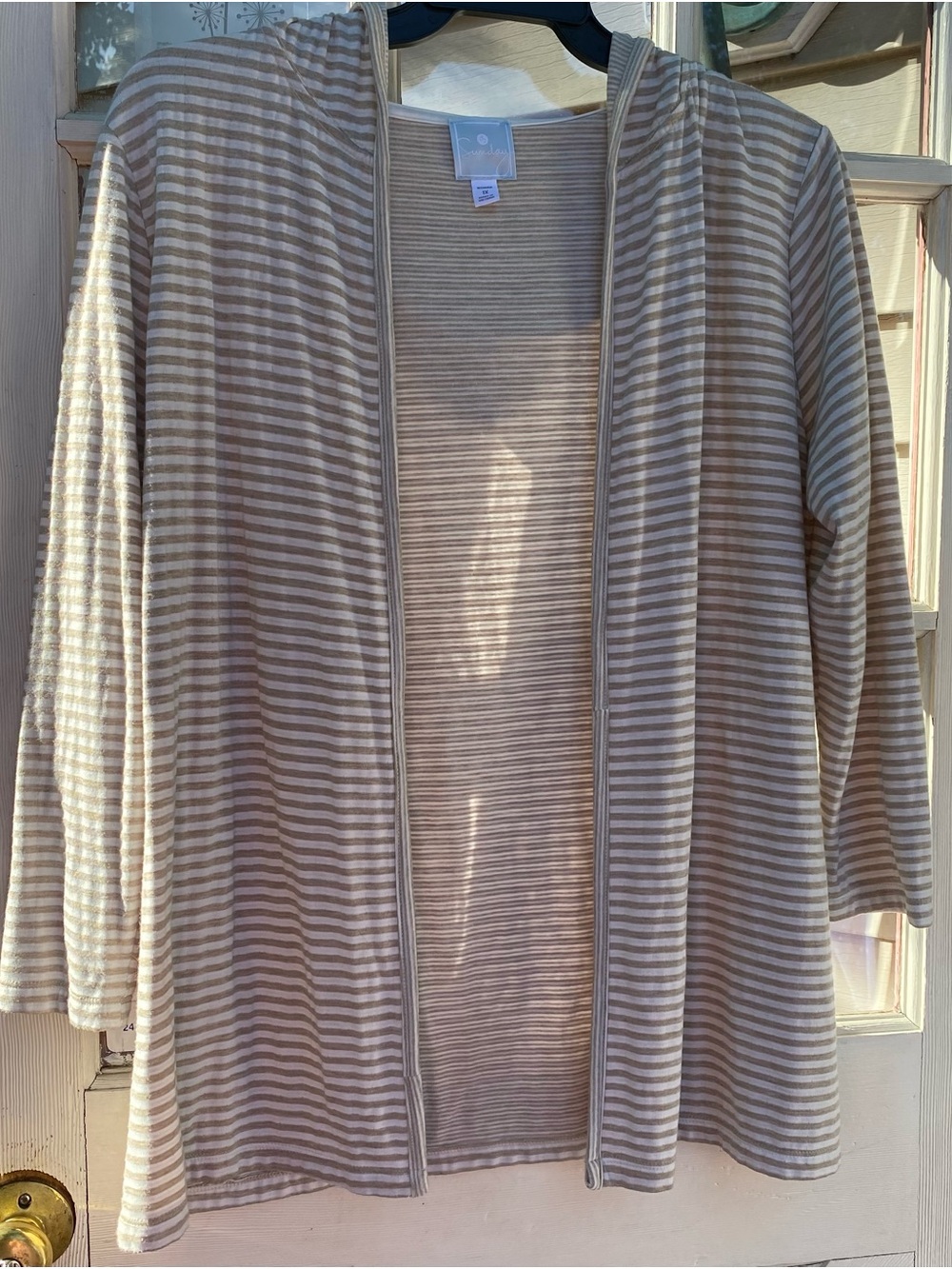 Sunday Striped Open-Front Cardigan in Taupe and White
